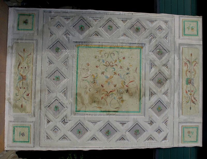 darb098 painted ceiling on canvas, early 1800s. Size m.3.46 x 232/240 cm